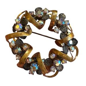 Elegant floral wreath TRIAD 1940s Antiqued AB Crystal gold brassy finish